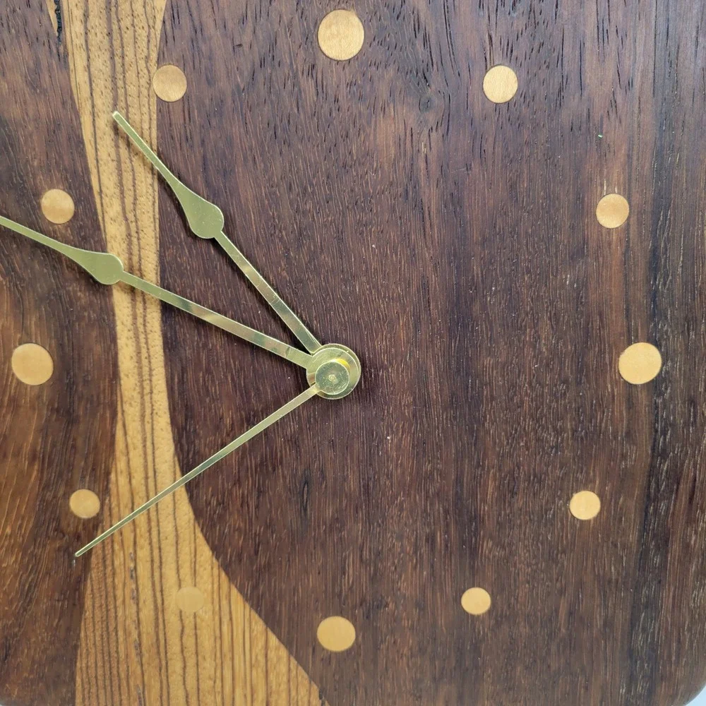 VTG Mixed Wood Wall Clock MCM Brass Hands Quartz Japan Studio Handmade Works